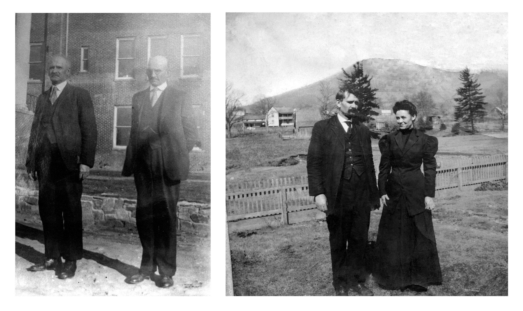 At left, App State co-founders D.D. and Lillie Shull Dougherty are shown in the early 1900s, and, at right, university co-founder B.B. Dougherty and his brother, D.D., are shown in the 1920s